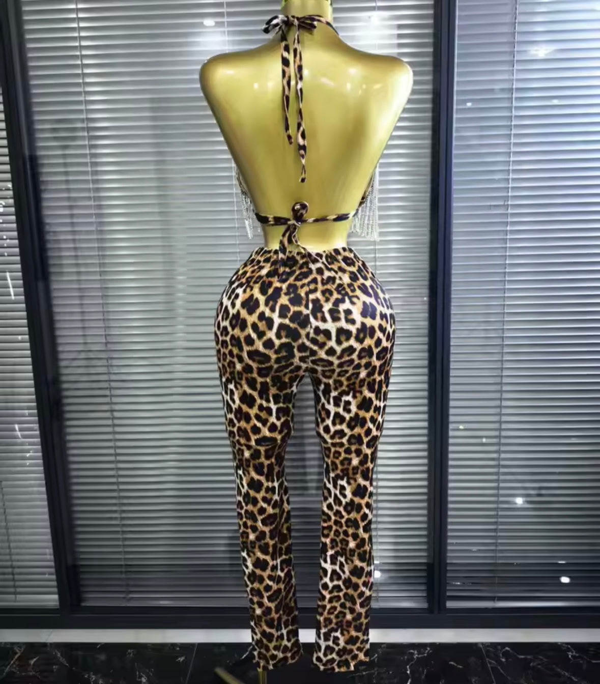 Sexy Halter Sleeveless Leopard Rhinestone Tassel Pant Set
