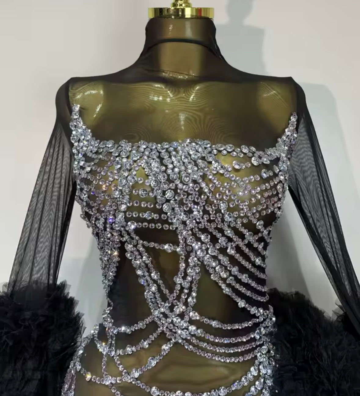 Sexy Black Ruffle Rhinestone Full Sleeve Short Dress