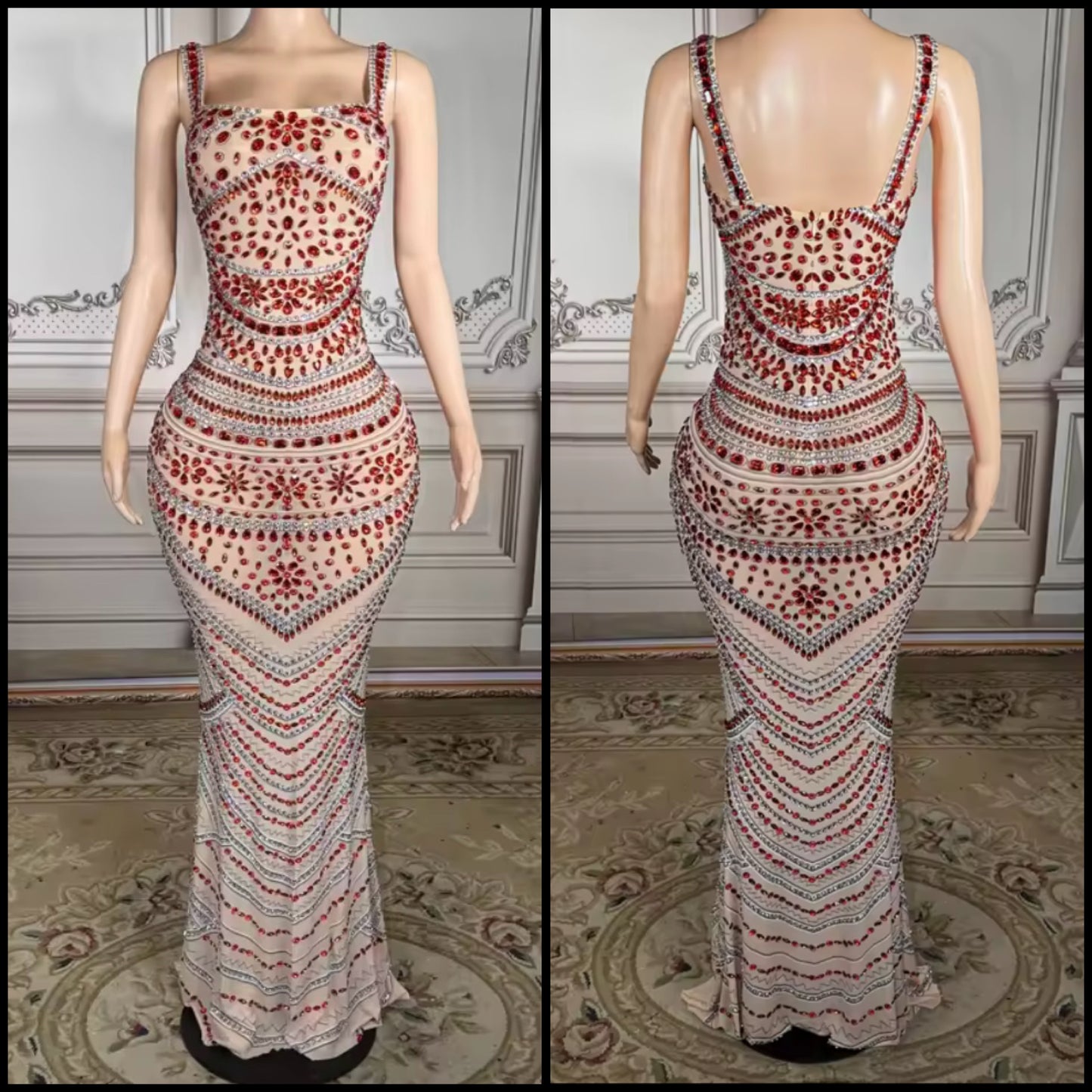 Sexy Sleeveless Red Rhinestone Embellishment Maxi Dress