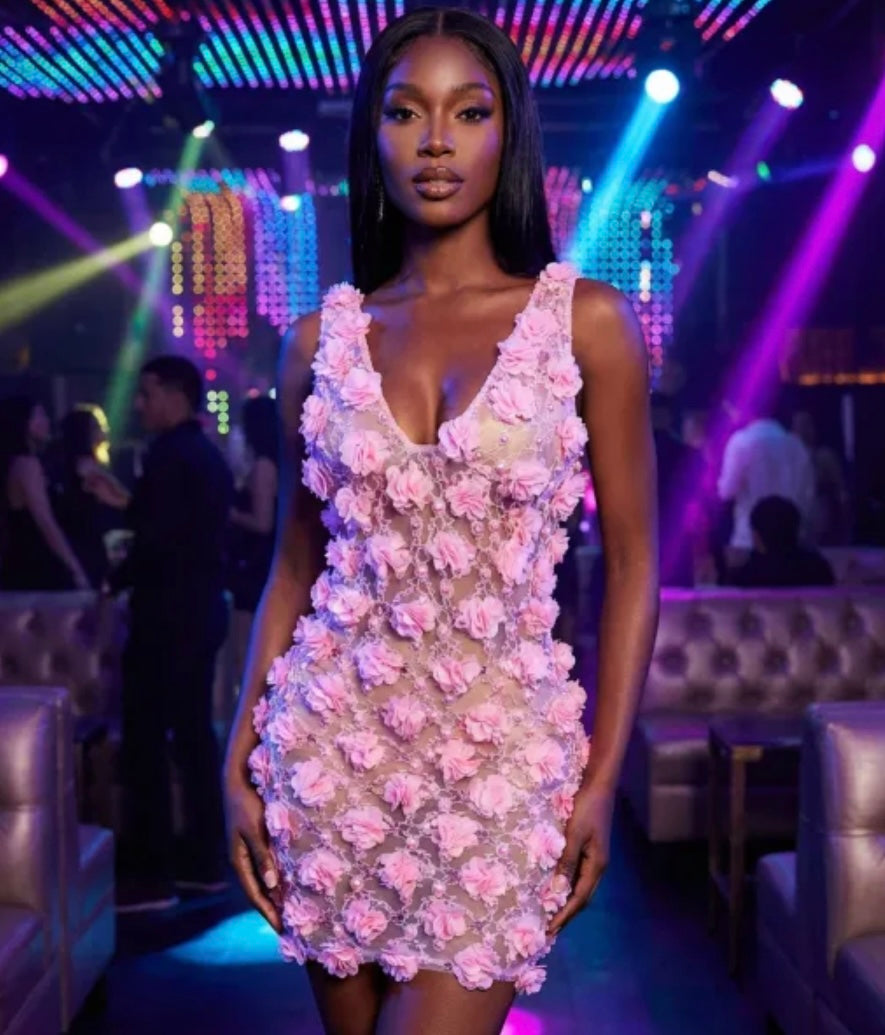 Sleeveless Pink Floral Beaded Sexy Short Dress