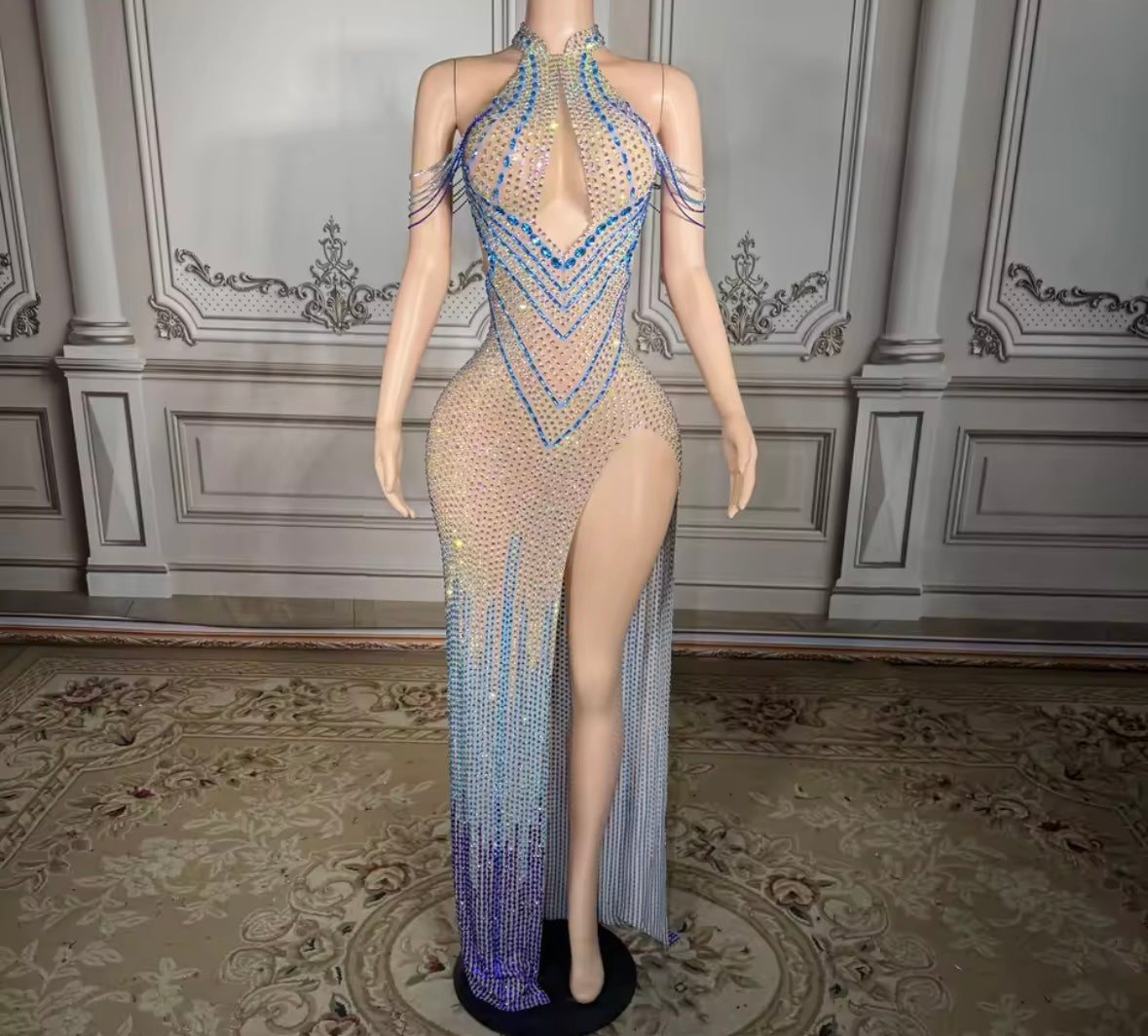 Sexy Halter Sleeveless Color Rhinestone Side Split Maxi Dress