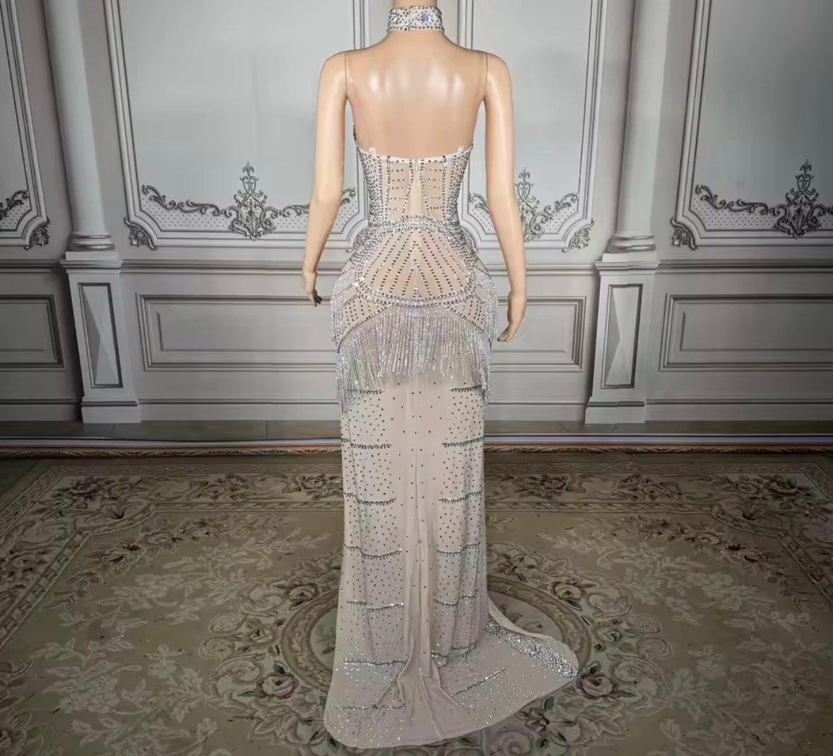 Sexy Choker Sleeveless Side Split Rhinestone Tassel Maxi Dress