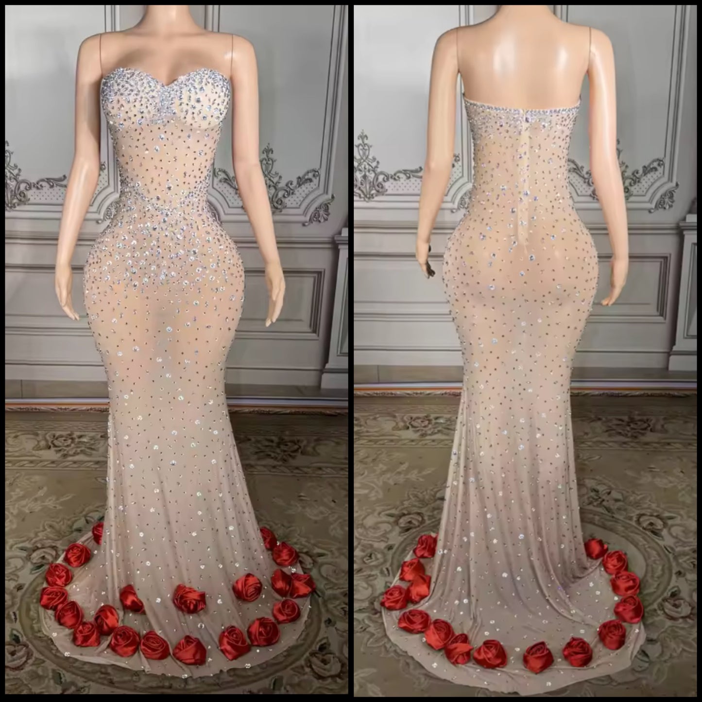 Strapless See Through Rhinestone Rose Sexy Floor-Length Dress