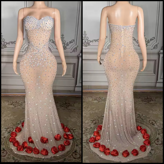 Strapless See Through Rhinestone Rose Sexy Floor-Length Dress