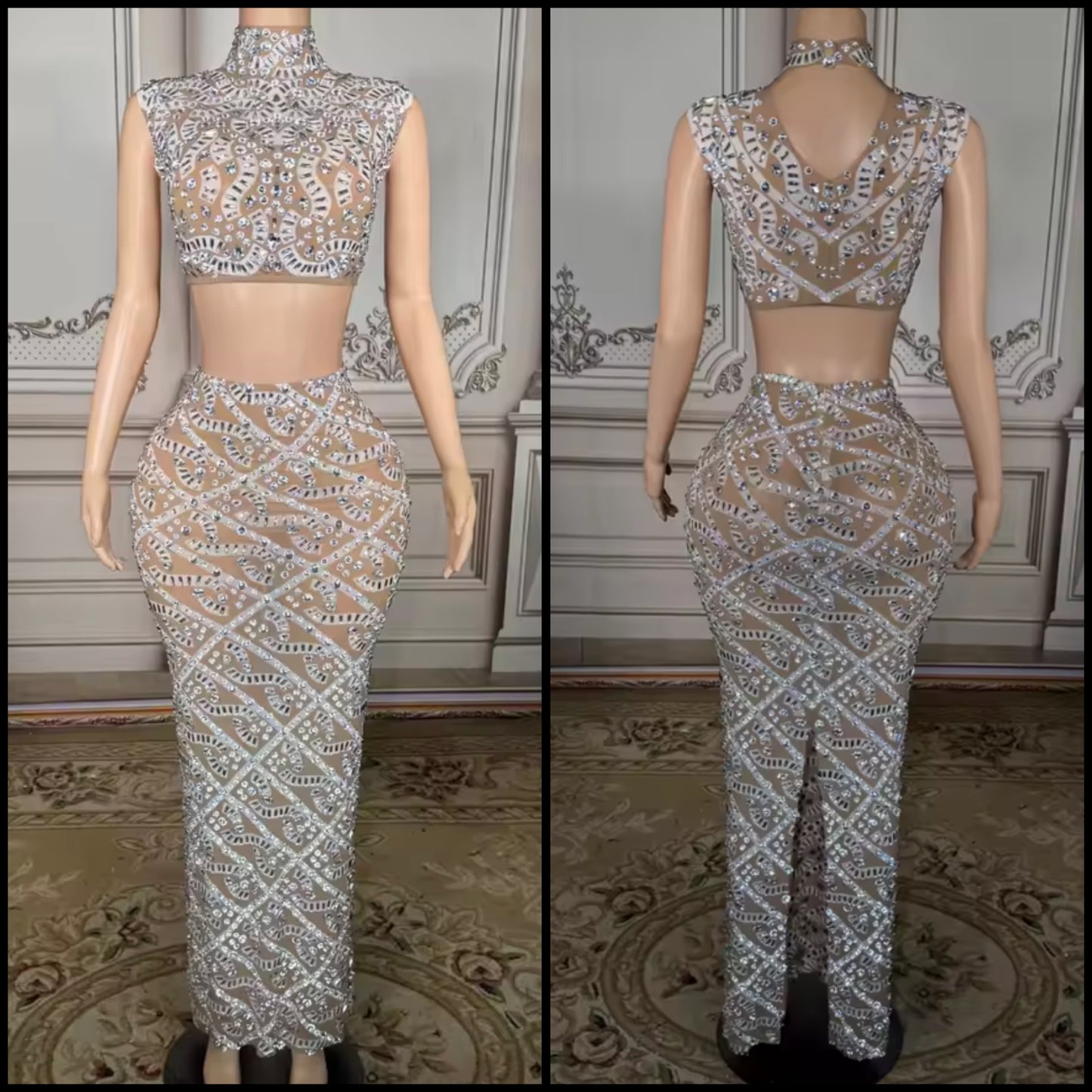 Sexy Sleeveless Rhinestone Crop See Through Maxi Skirt Set