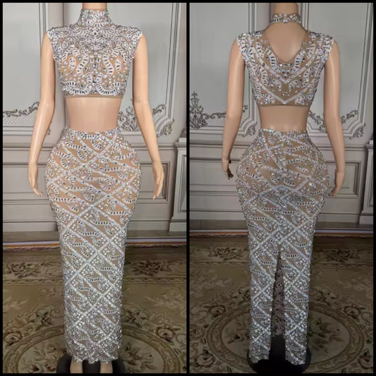 Sexy Sleeveless Rhinestone Crop See Through Maxi Skirt Set