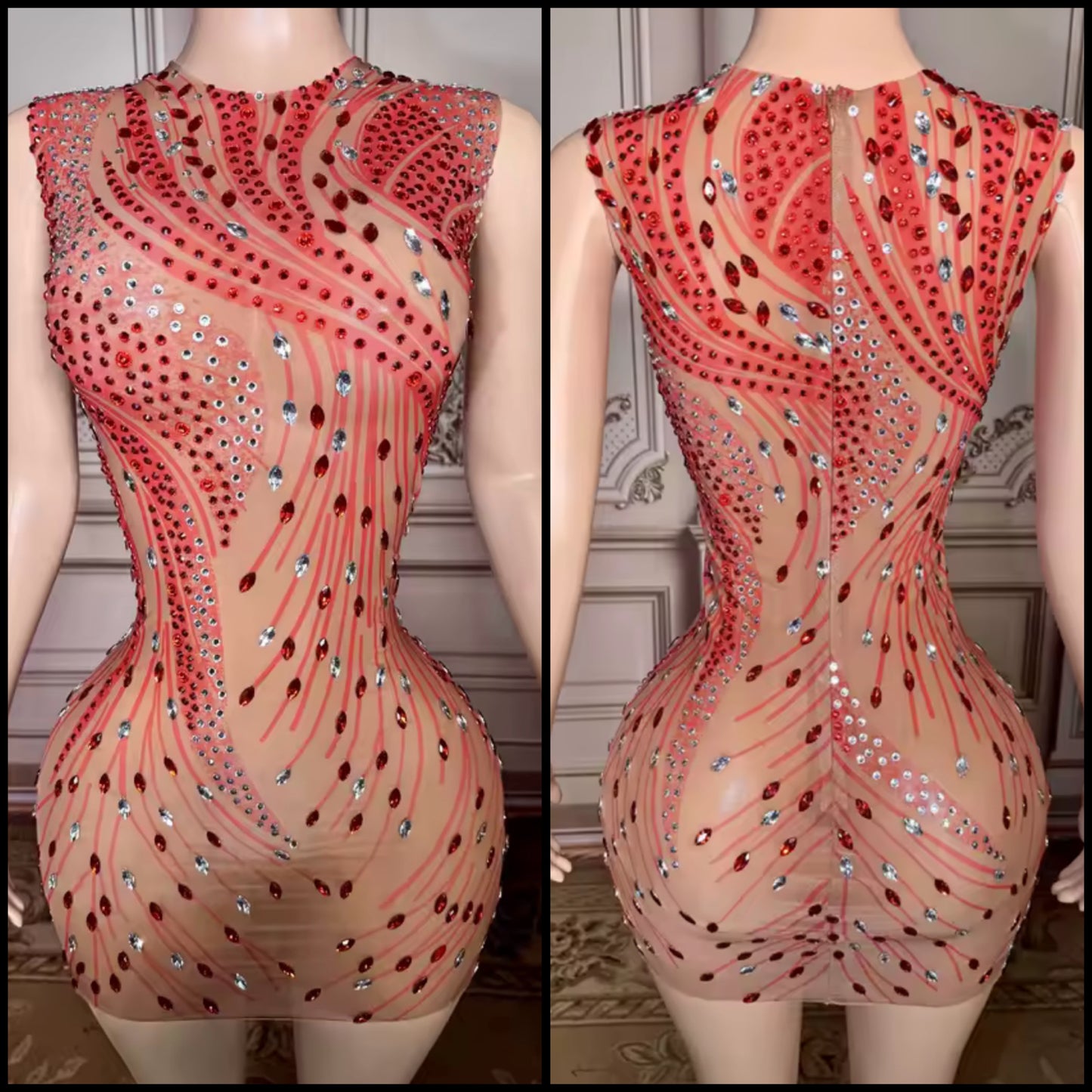 Red Sexy Sleeveless See Through Rhinestone Embellishment Dress