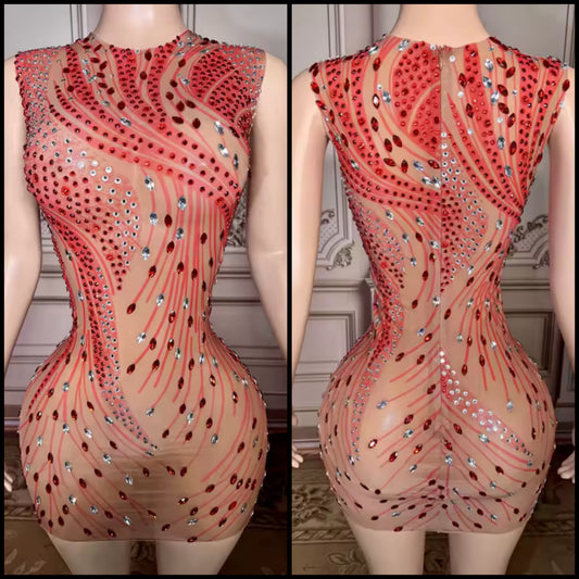 Red Sexy Sleeveless See Through Rhinestone Embellishment Dress