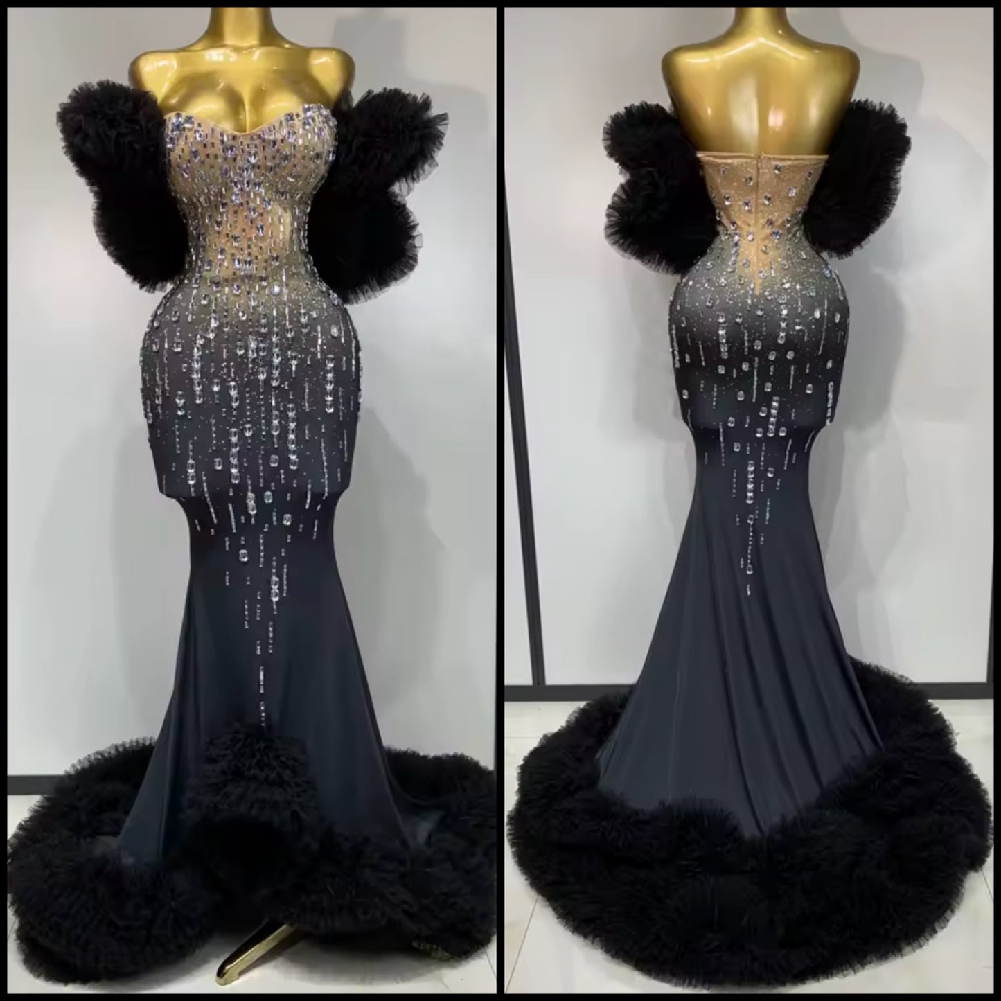 Black Rhinestone Embellishment Strapless Ruffle Floor-Length Dress