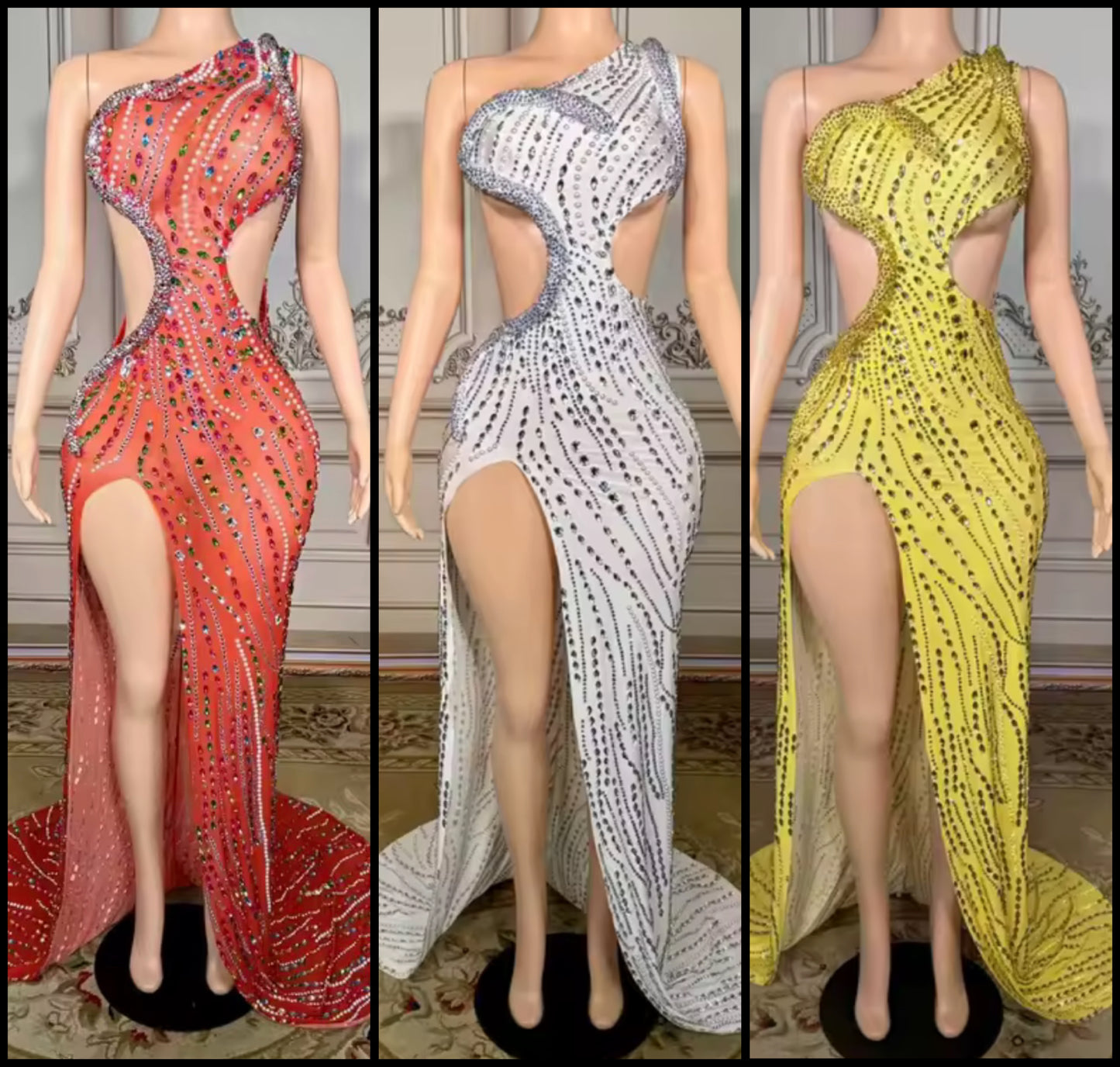 Sexy One Shoulder Sleeveless Rhinestone Side Split Maxi Dress