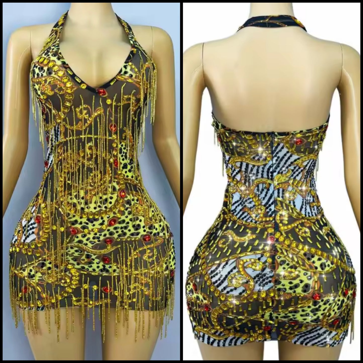 Sexy Halter Sleeveless Printed Tassel See Through Dress