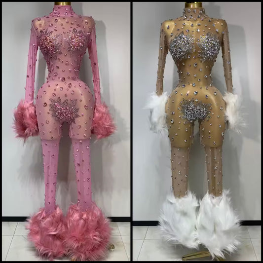 Rhinestone Feather Full Sleeve Sexy Mesh Jumpsuit