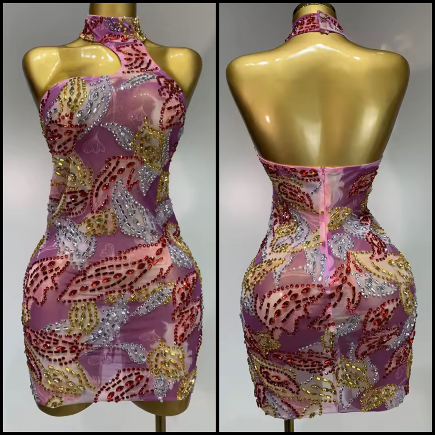 Multicolored Rhinestone Halter Sleeveless Dress