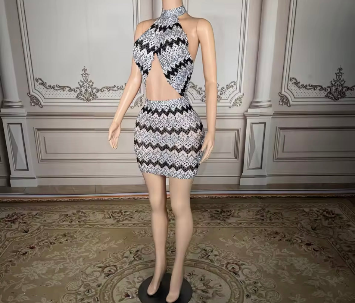 Sexy Halter Sleeveless Rhinestone Striped Short Dress