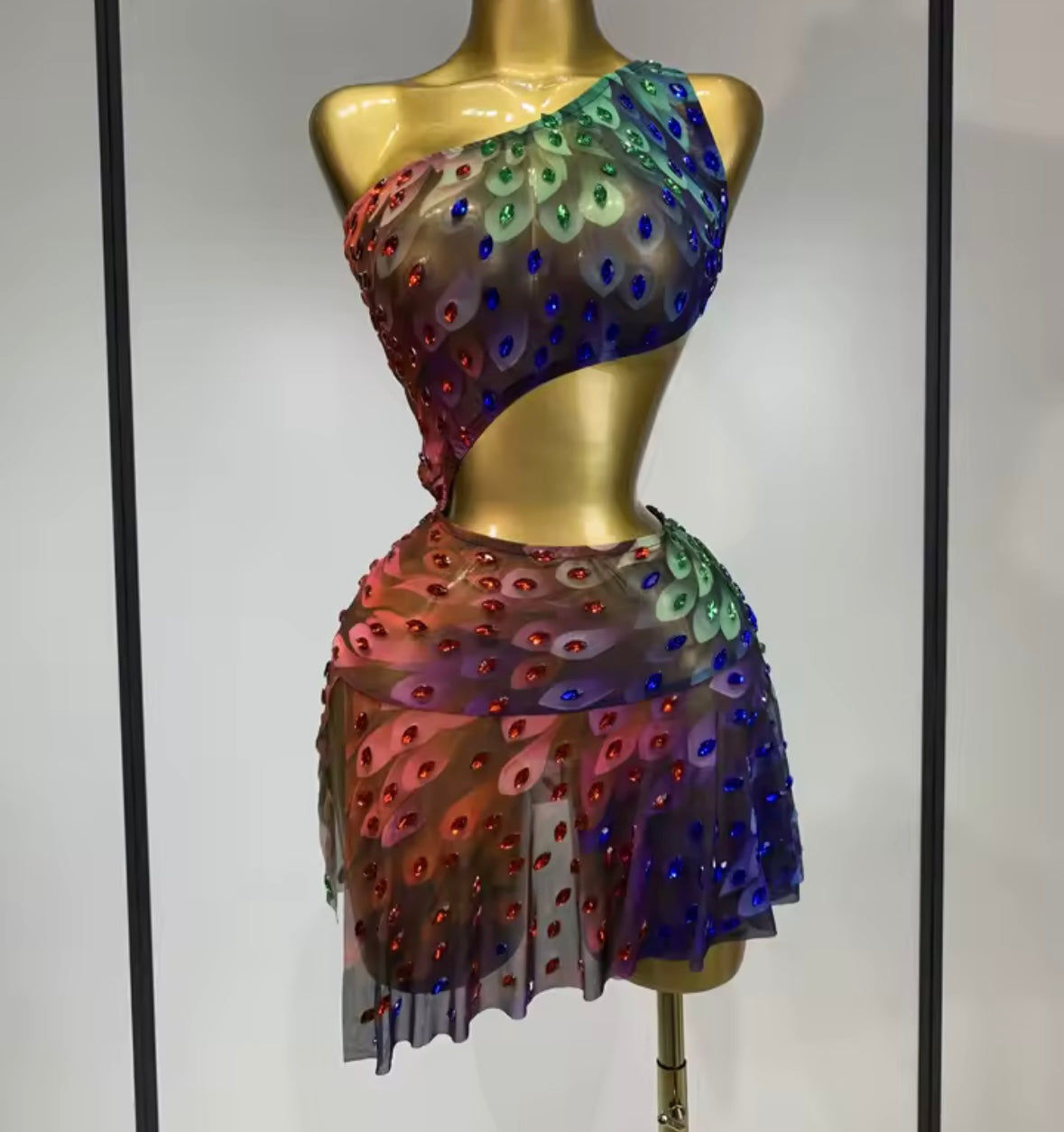 Sexy One Shoulder Sleeveless Colorful Crystal See Through Dress
