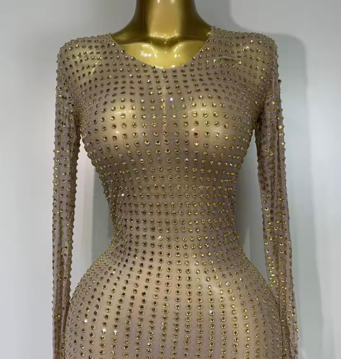 Sexy See Through Full Sleeve Rhinestone Floor-Length Dress