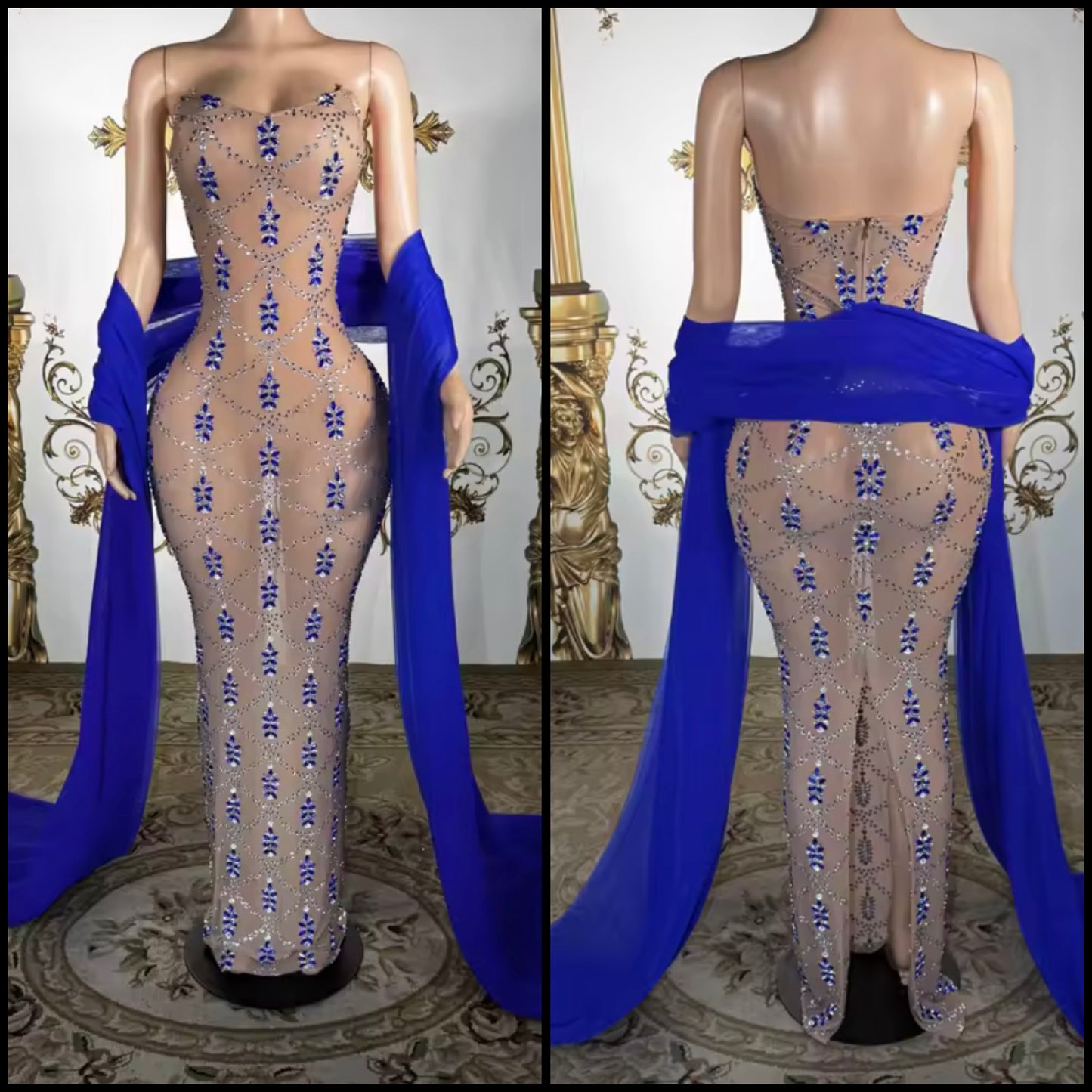 Elegant Strapless Blue Rhinestone See Through Maxi Dress