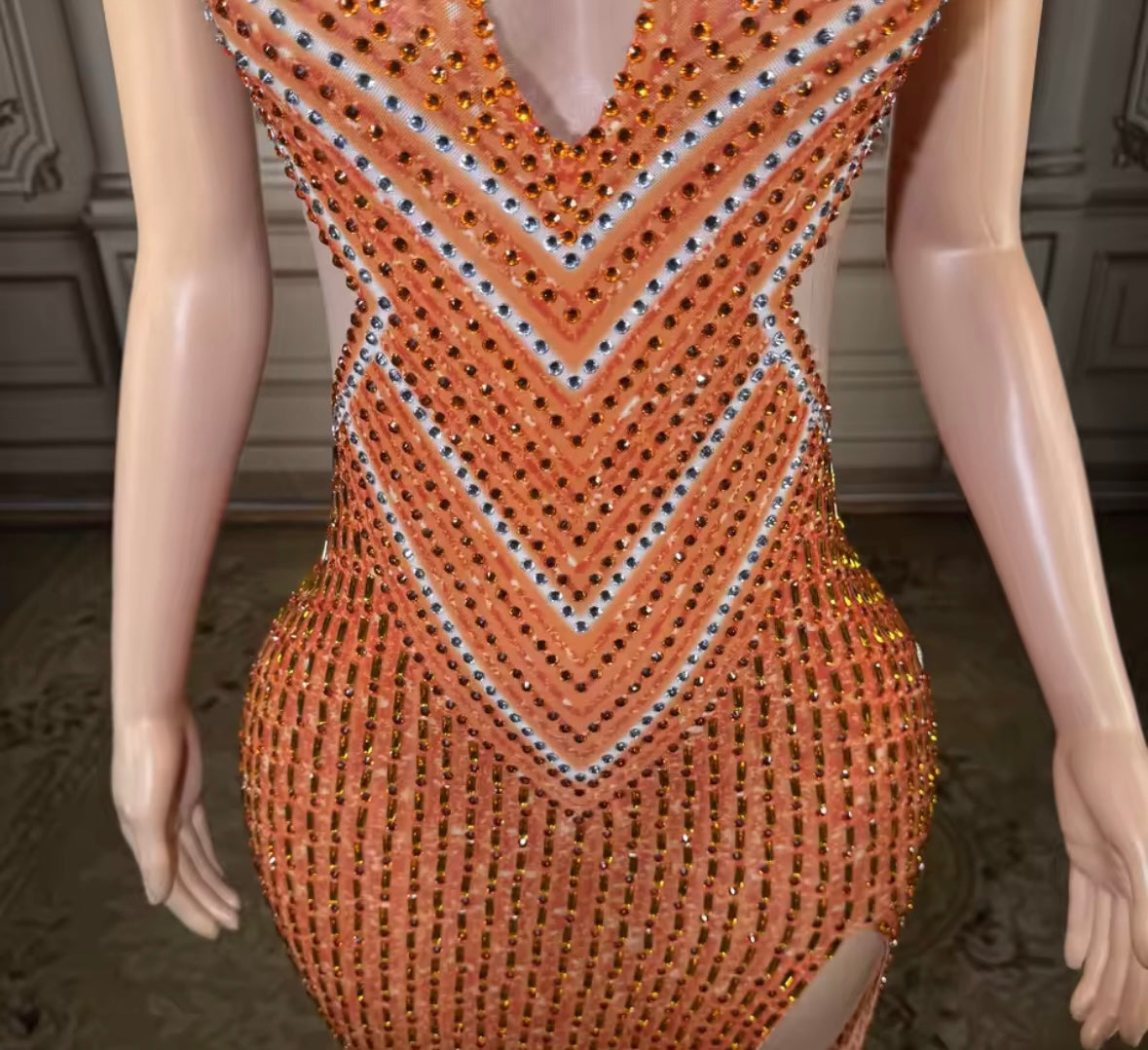 Orange Sexy Sleeveless Rhinestone Side Split Maxi Dress