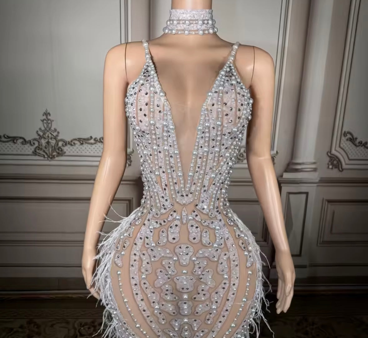 Sexy V-Neck Sleeveless Pearl Rhinestone Feather Maxi Dress