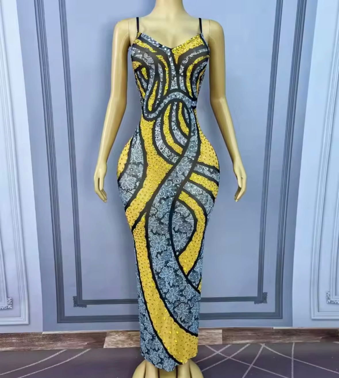 Sparkly Rhinestone Sleeveless Printed Maxi Dress
