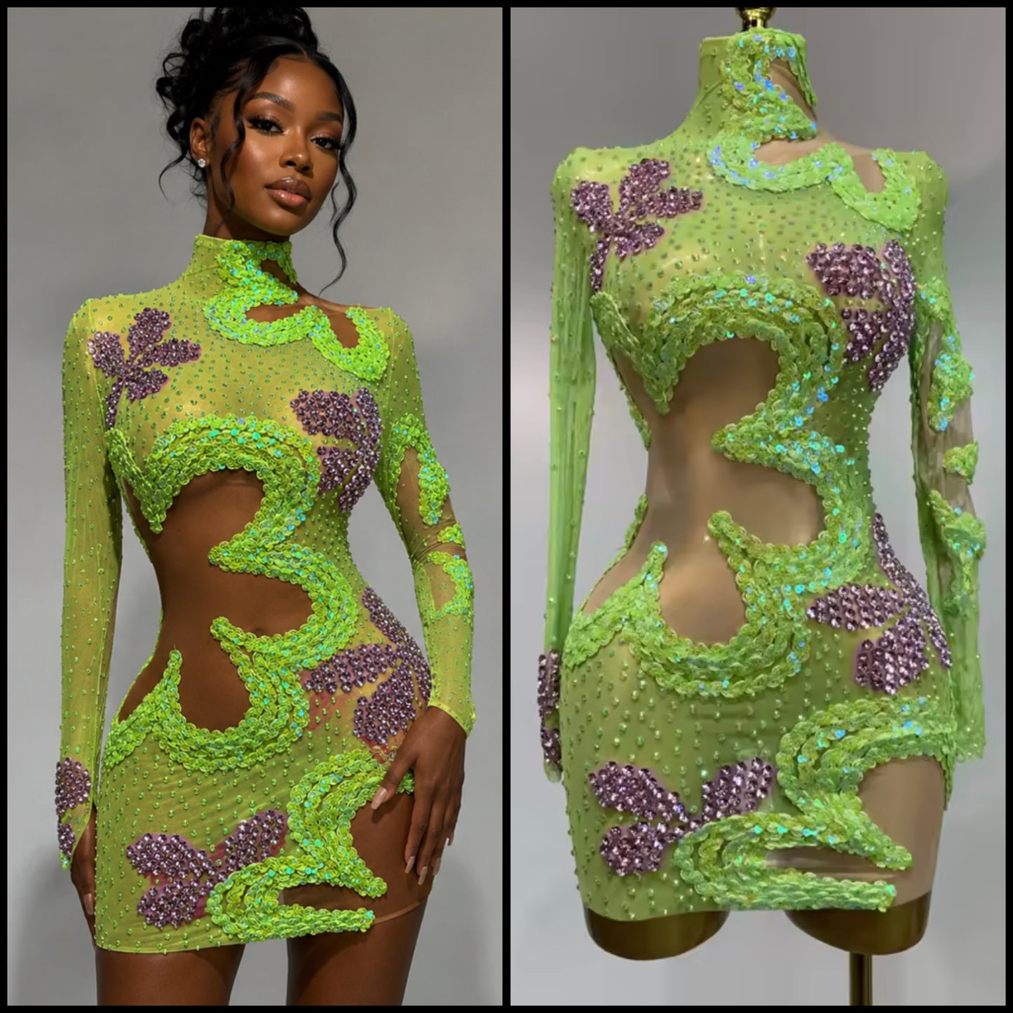 Sexy Green Sequins Rhinestone Full Sleeve Dress
