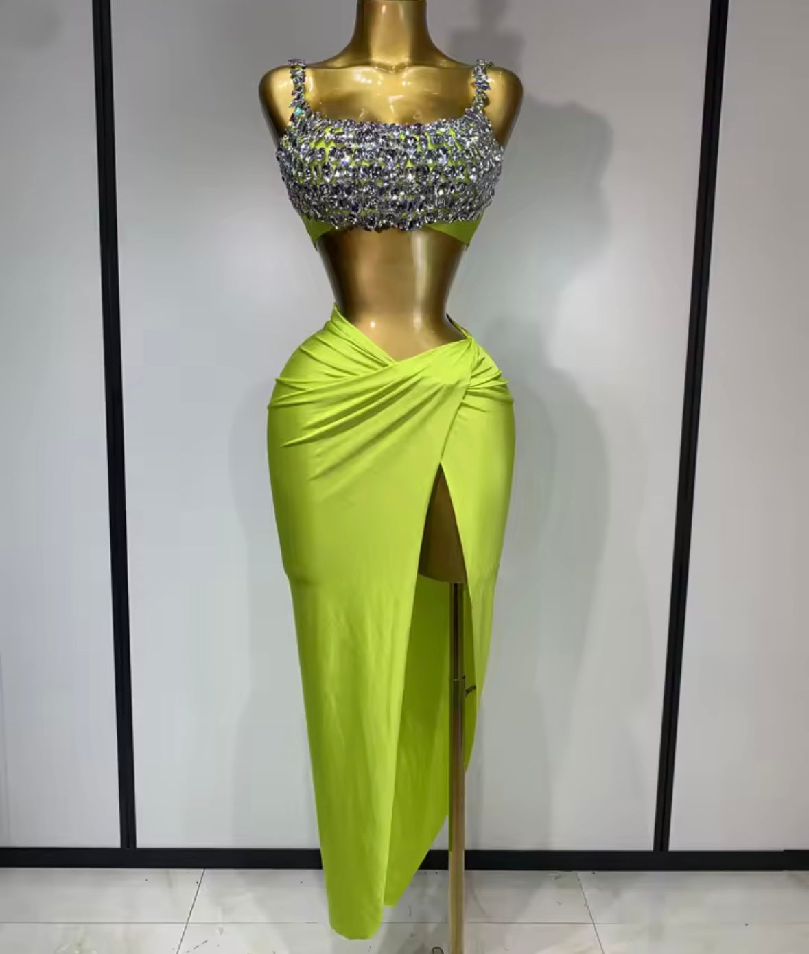 Sexy Rhinestone Sleeveless Maxi Skirt Set