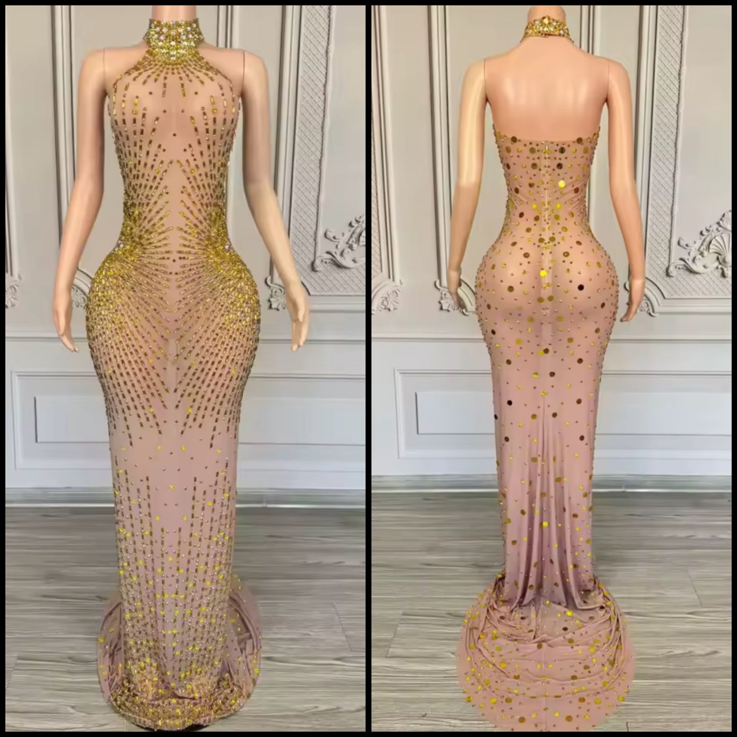 Sexy Halter Sleeveless Rhinestone Embellishment Side Split Maxi Dress