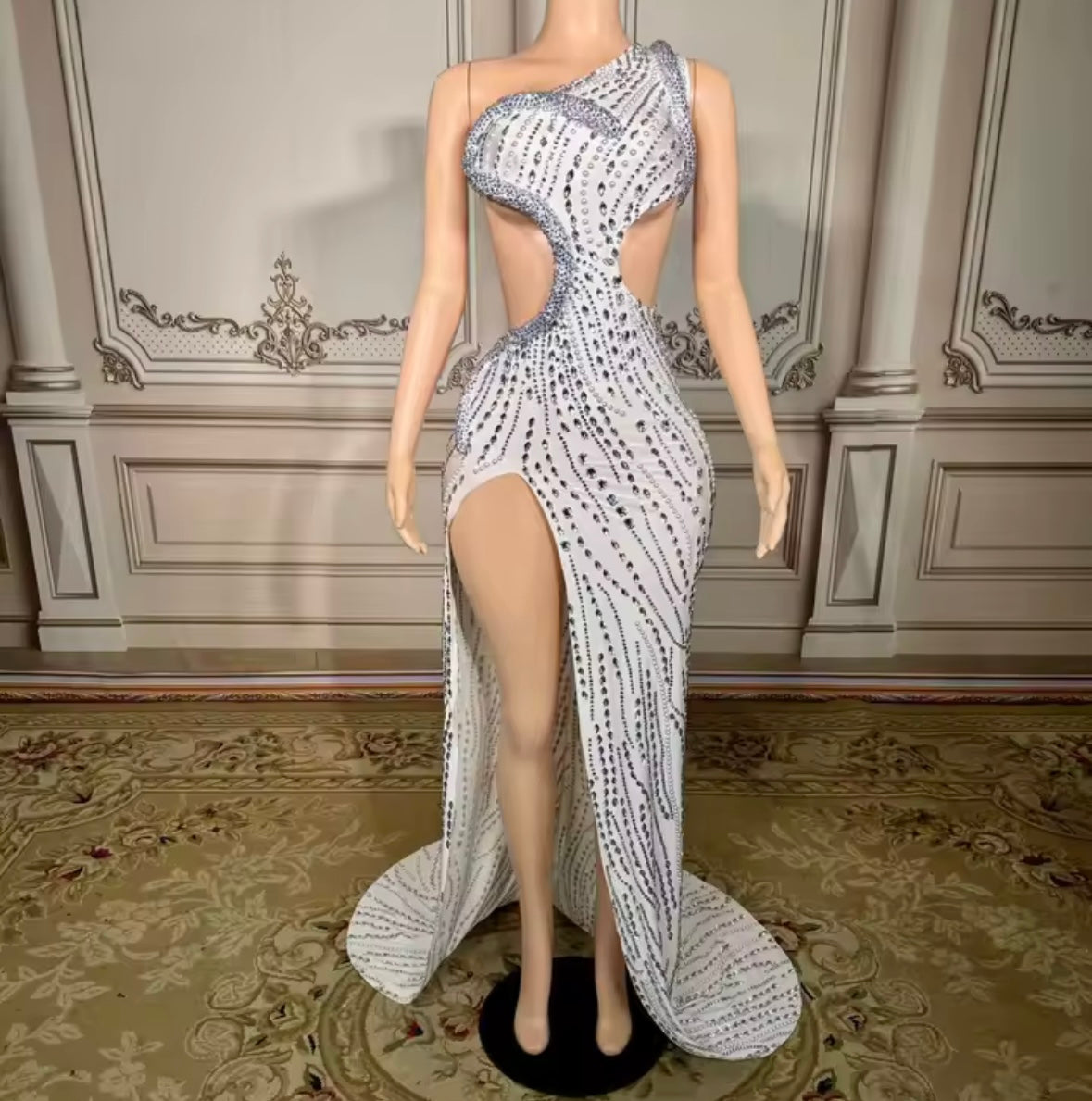 Sexy One Shoulder Sleeveless Rhinestone Side Split Maxi Dress