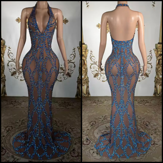 Sexy Halter Sleeveless Blue Rhinestone Mermaid Dress