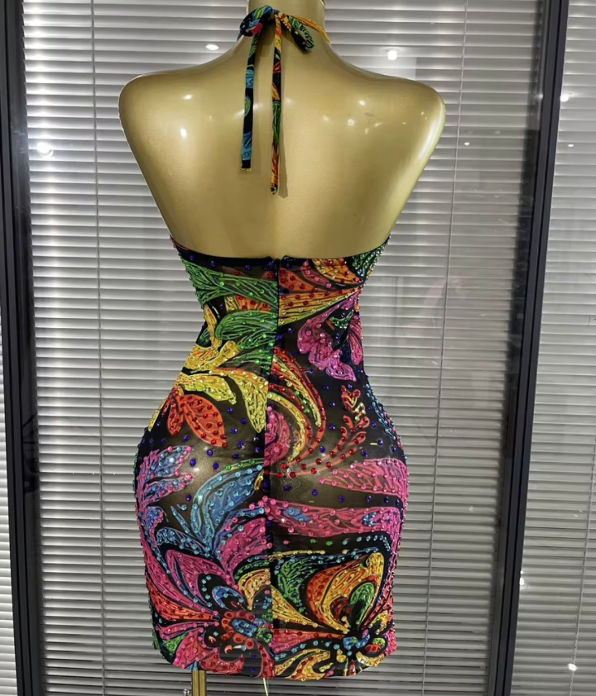 Sexy Halter Sleeveless Colorful Rhinestone Dress