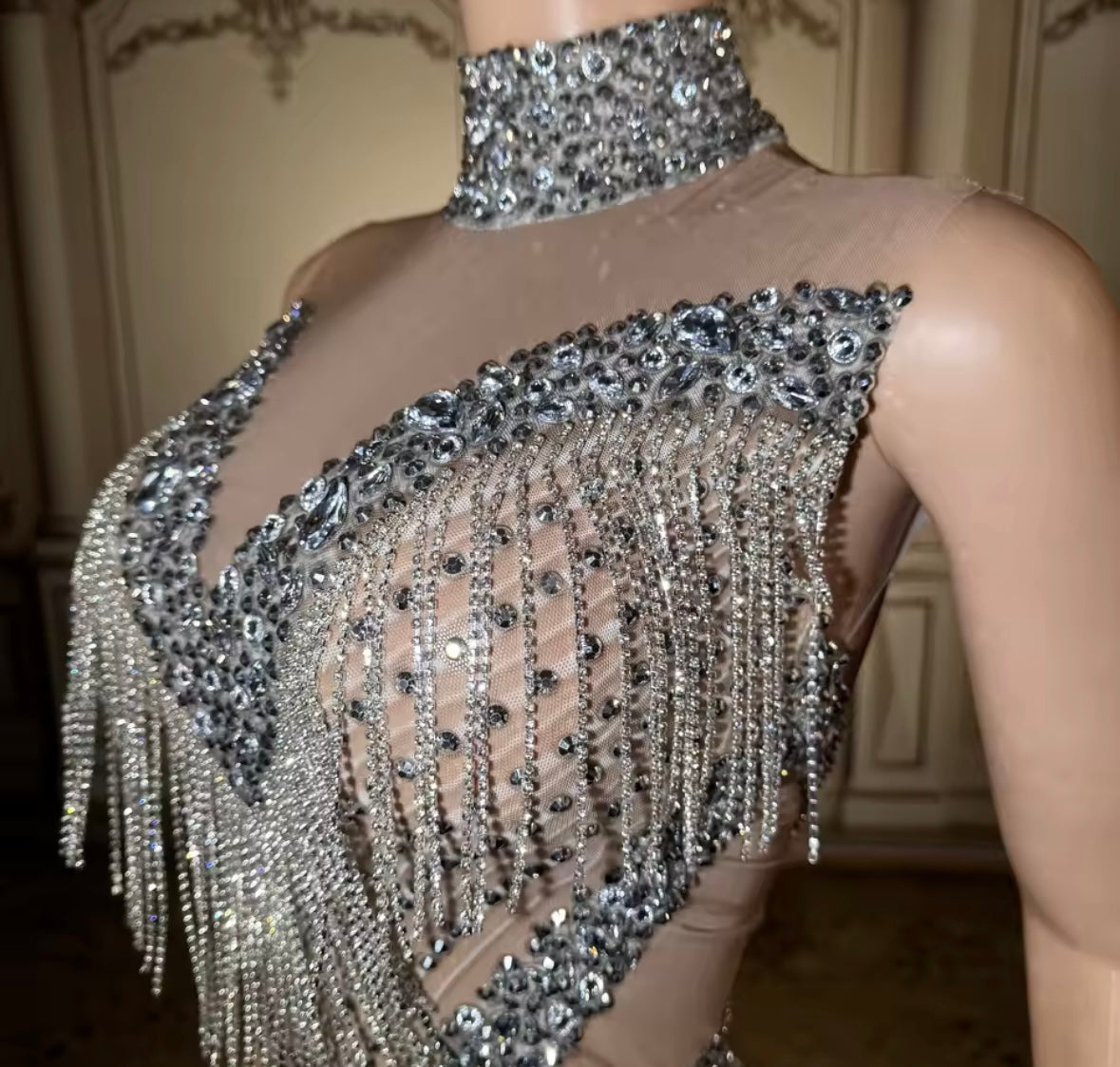 Sexy Sleeveless Rhinestone Tassel See Through Maxi Dress