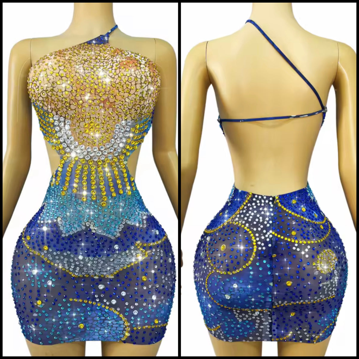 Sexy One Shoulder Sleeveless Open Back Rhinestone Dress