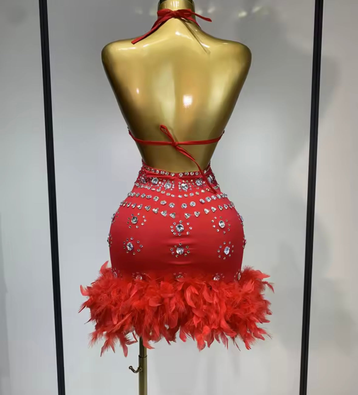 Sexy Sleeveless Rhinestone Cut Out Feather Dress