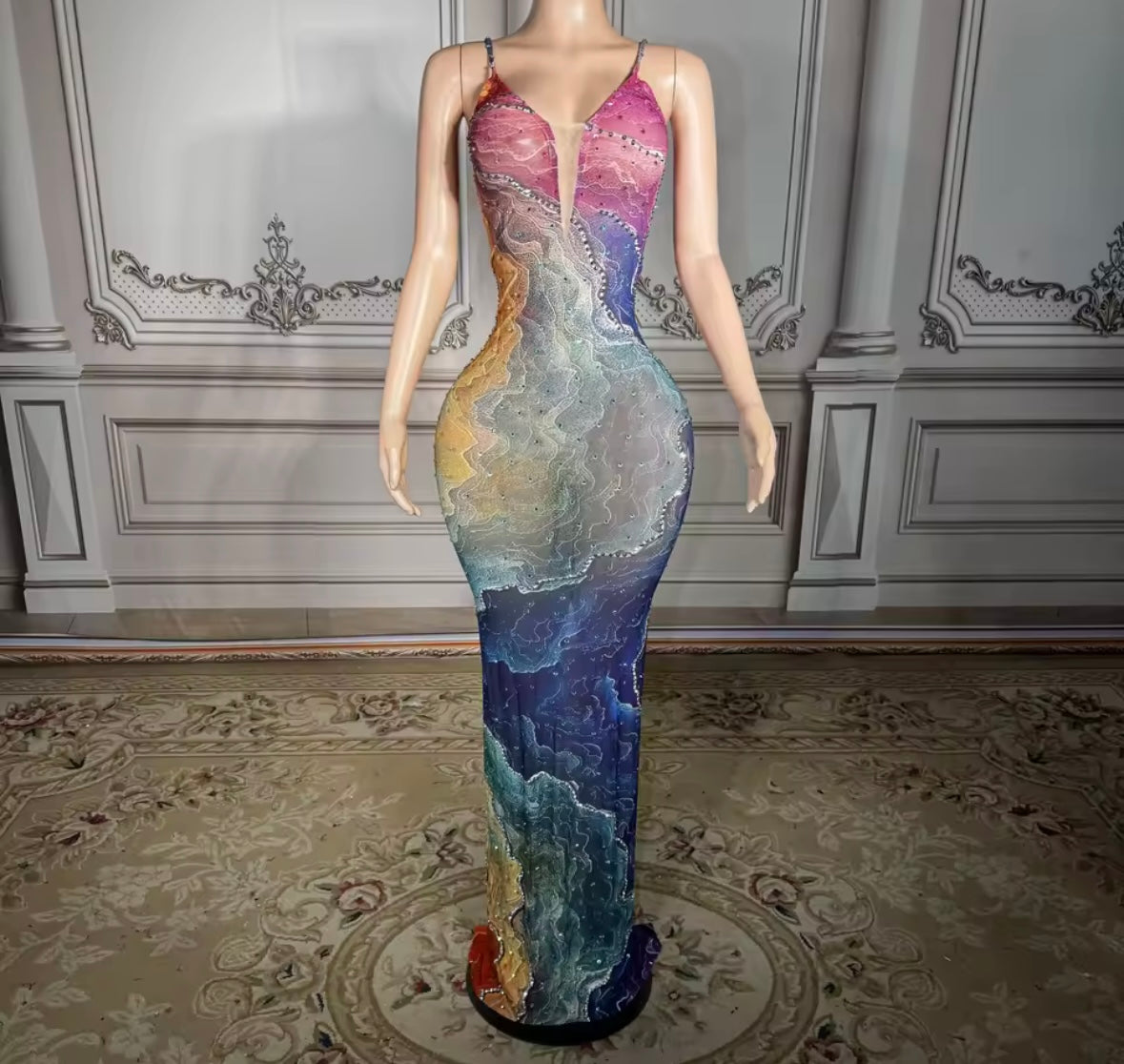 Sexy Sleeveless Multicolored Rhinestone See Through Maxi Dress