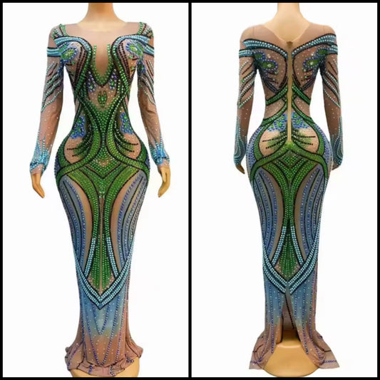 Color Rhinestone Embellishment Sexy See Through Maxi Dress