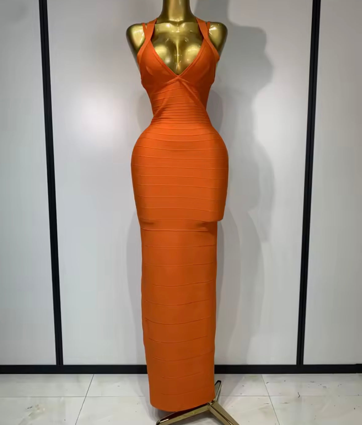 Elegant Orange Sleeveless Bandage Maxi Dress