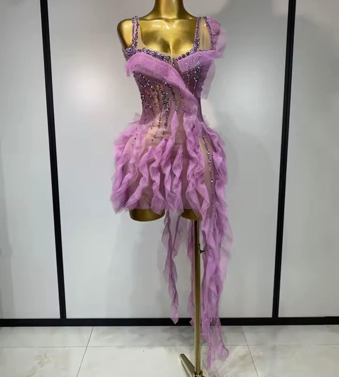 Sexy Sleeveless Lavender Ruffle Rhinestone Tassel Dress