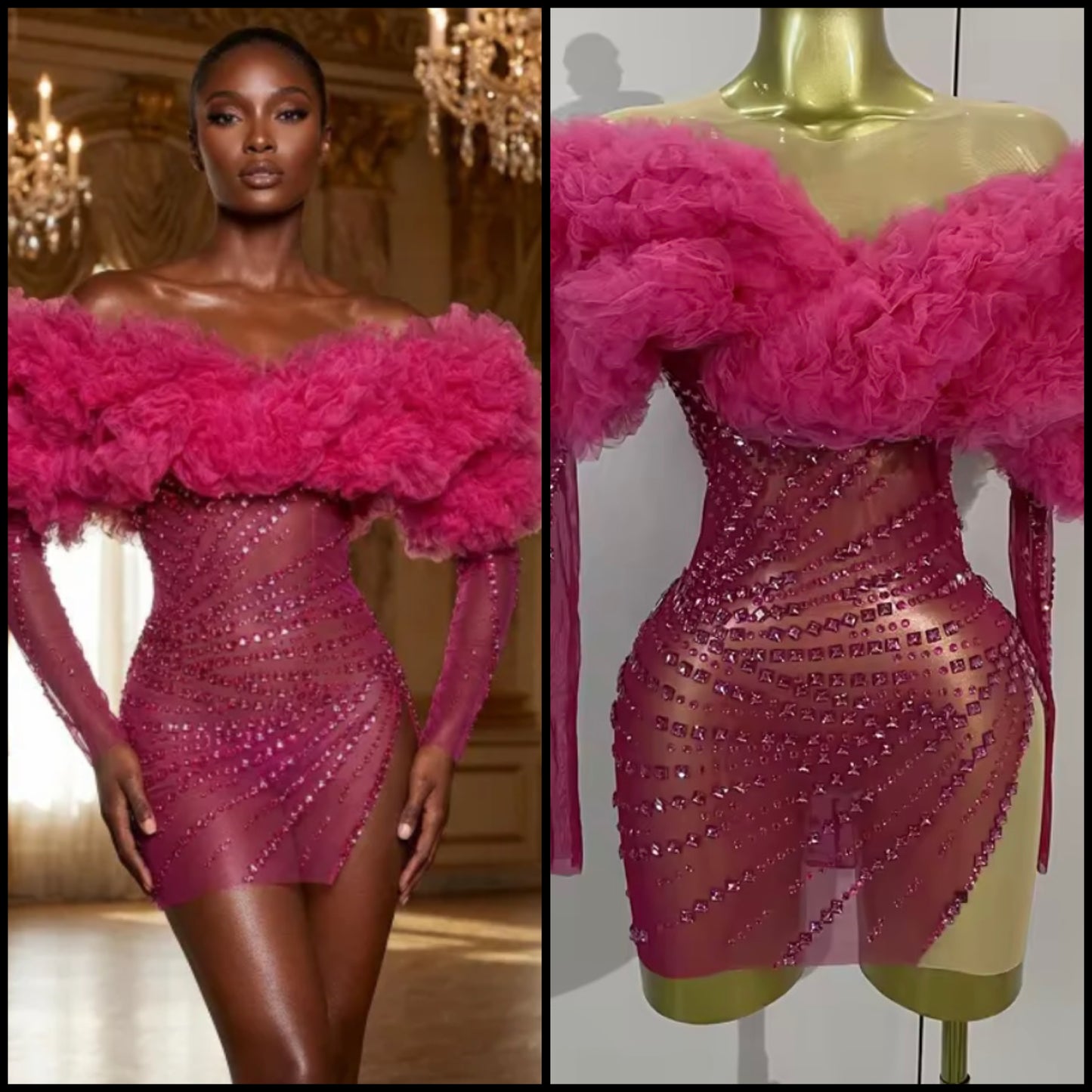 Pink Ruffle Off The Shoulder Sexy Rhinestone Dress