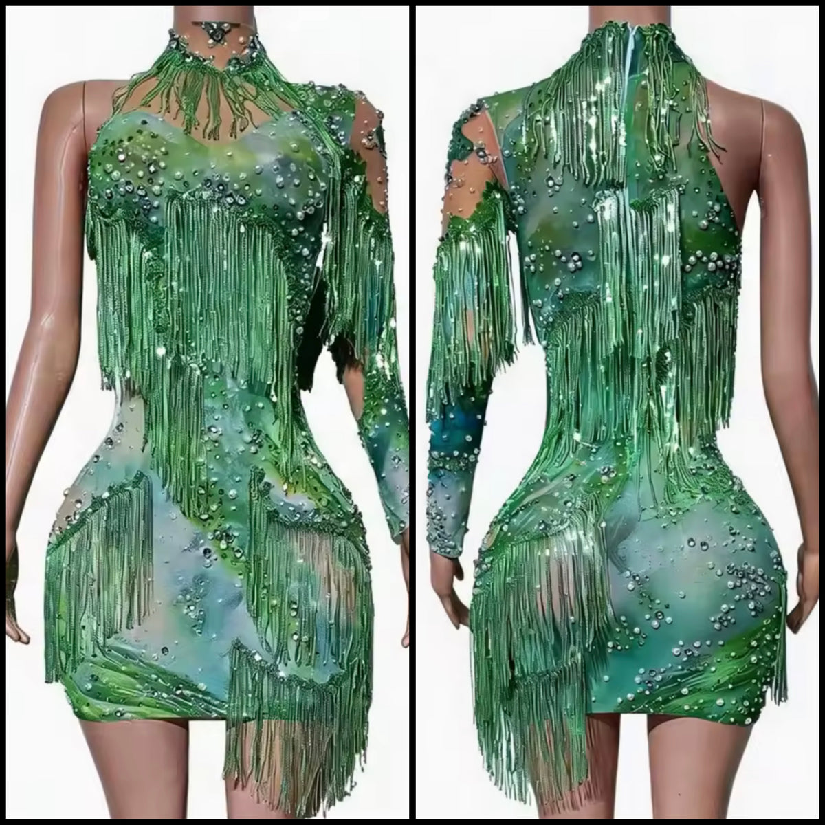 Green One Shoulder Printed Fringe Tassel Sexy Dress