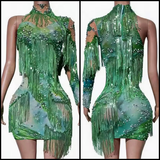 Green One Shoulder Printed Fringe Tassel Sexy Dress