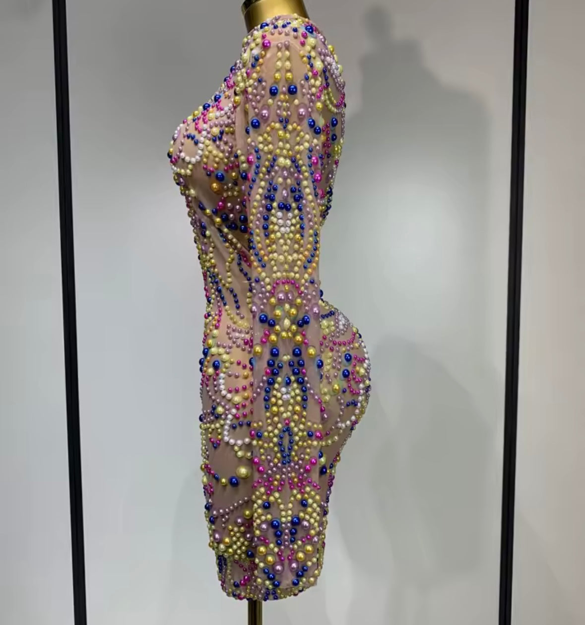 Sexy Multicolored Beaded Full Sleeve Dress