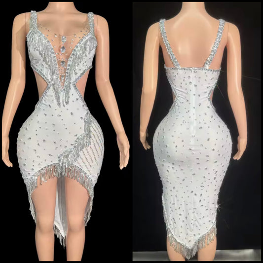 Sexy Sleeveless Rhinestone White Asymmetrical Tassel Dress