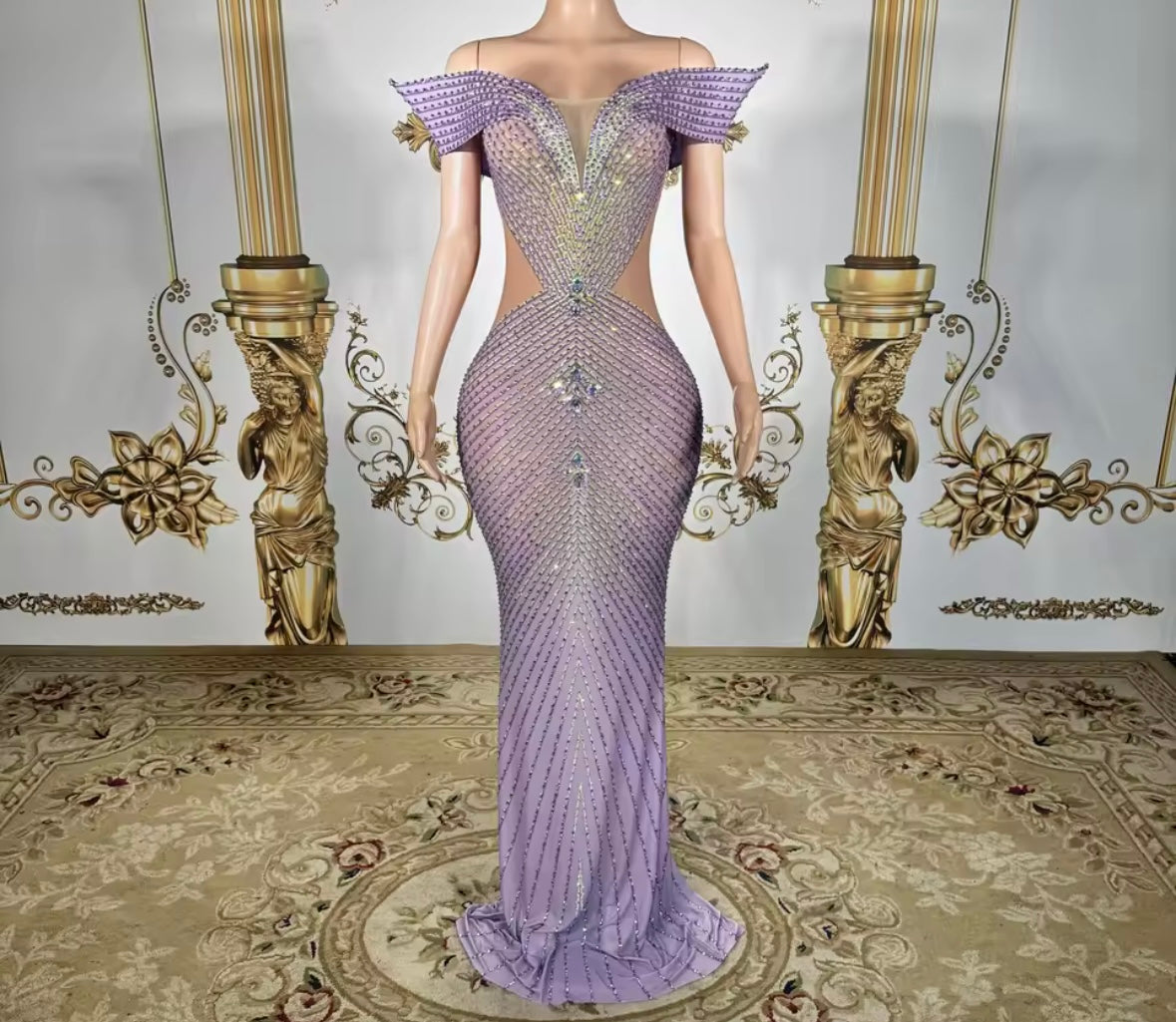 Purple Elegant Off The Shoulder Rhinestone Floor-Length Dress