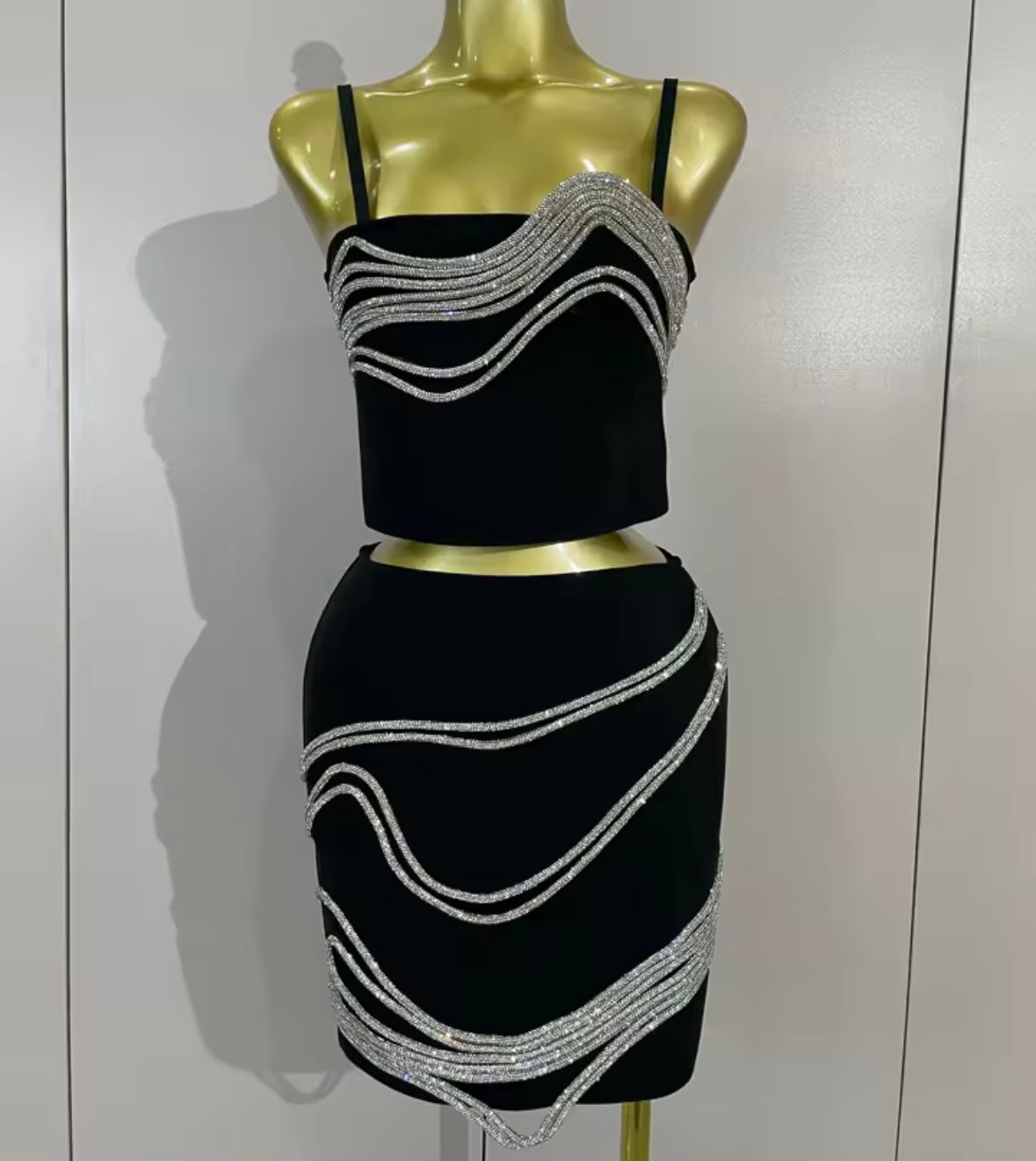 Sexy Sleeveless Sparkly Rhinestone Skirt Set