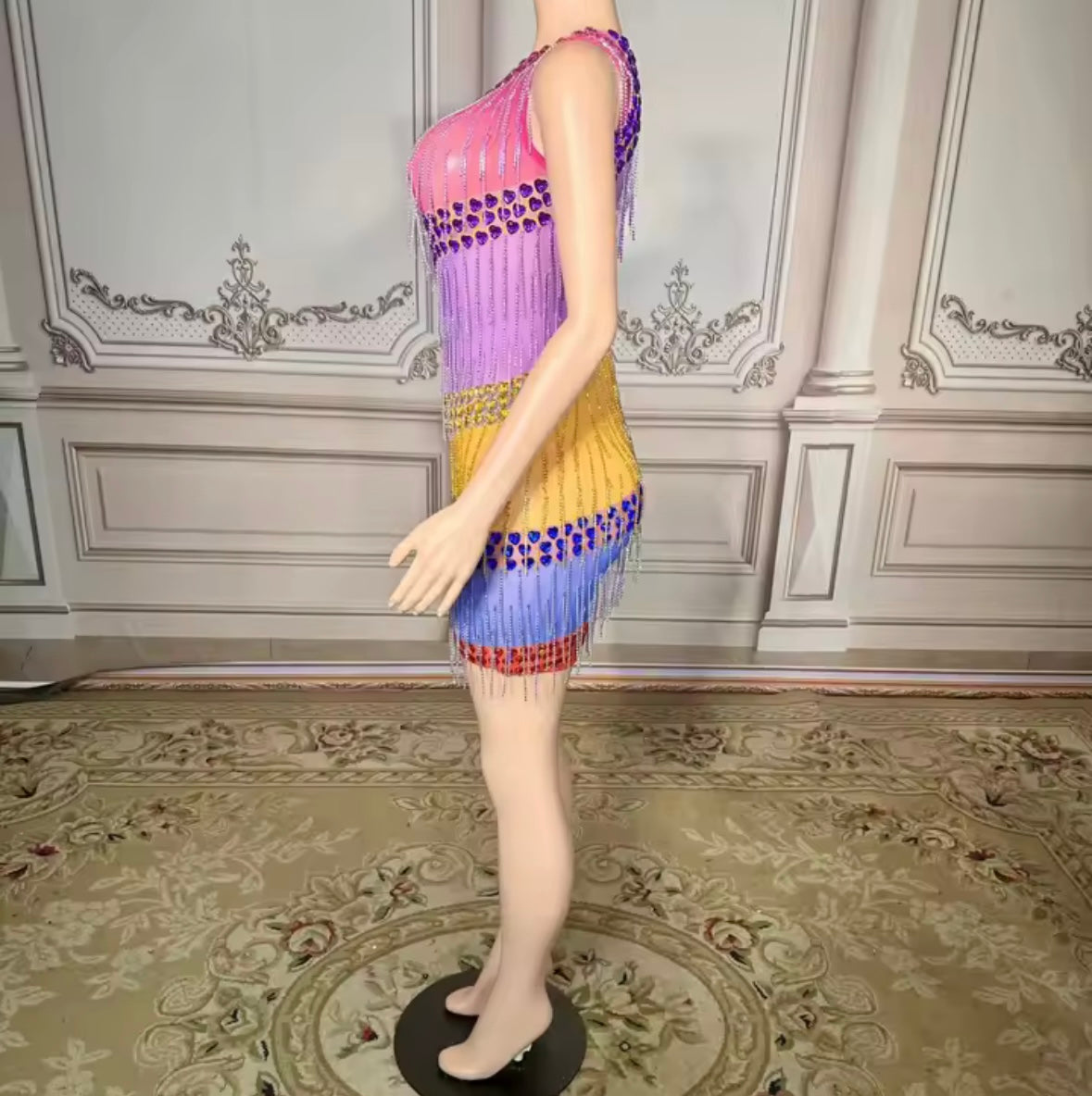 Sexy One Shoulder Sleeveless Multicolored Rhinestone Tassel Dress