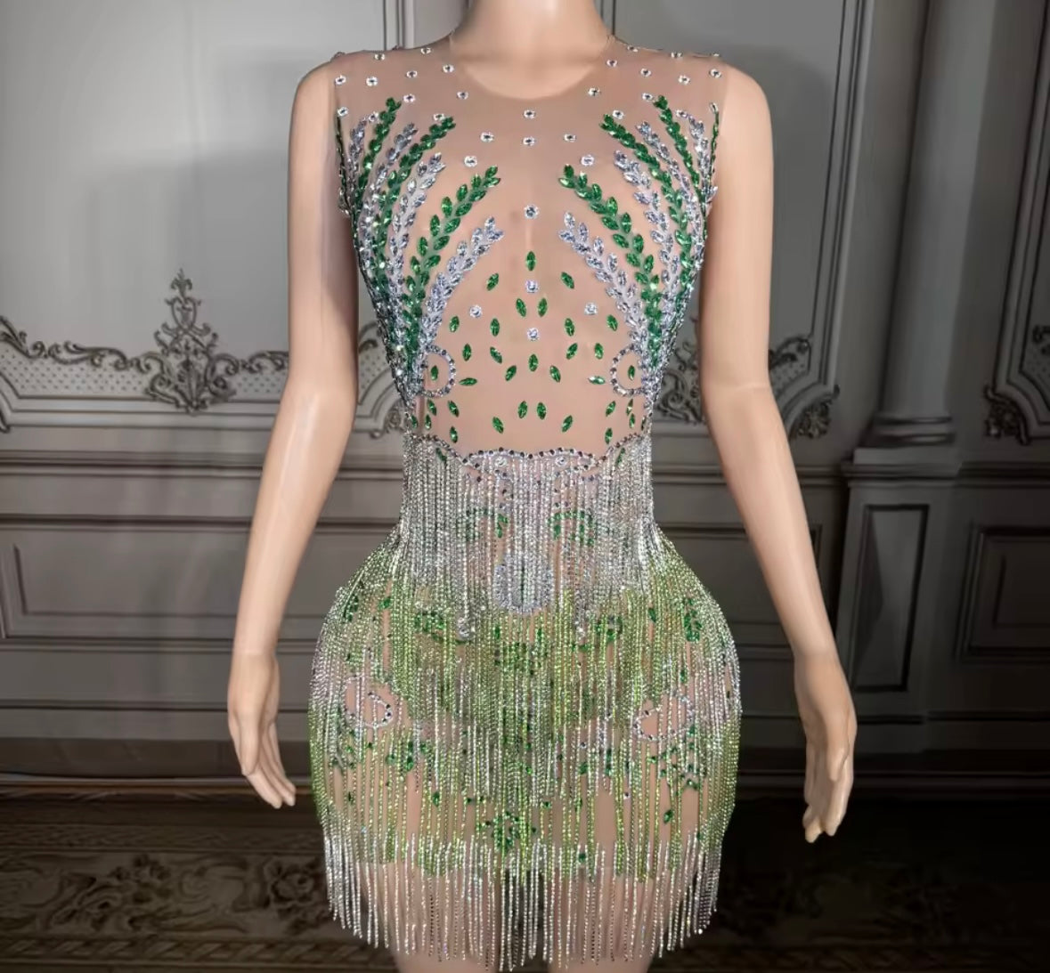Sexy Sleeveless Rhinestone Tassel Short Dress