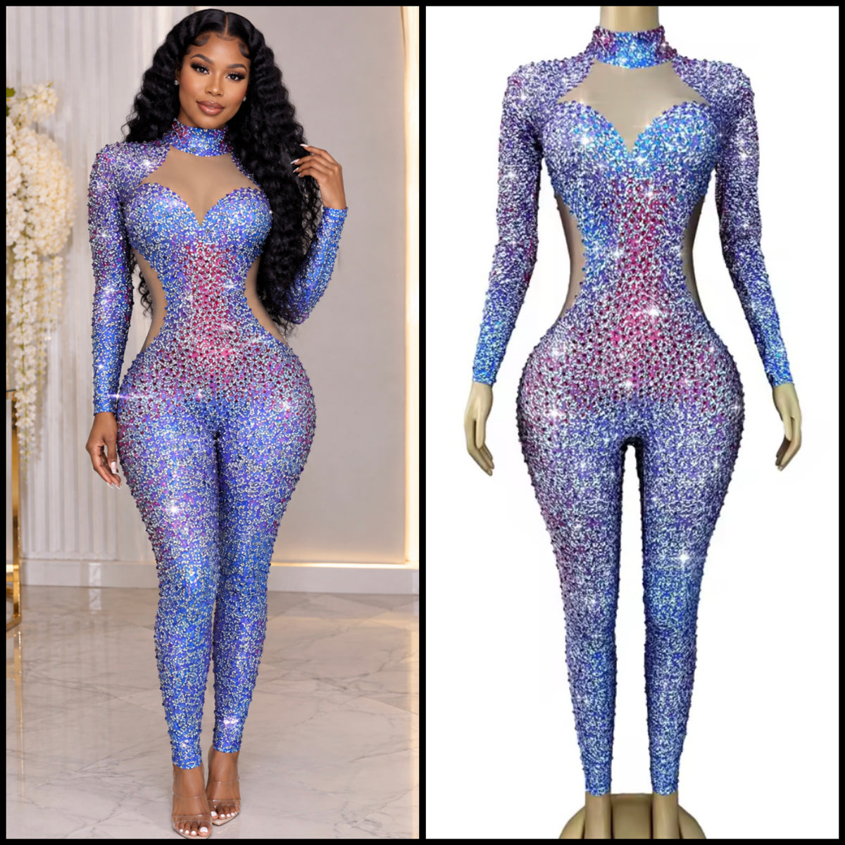 Sexy Multicolored Rhinestone Full Sleeve Jumpsuit