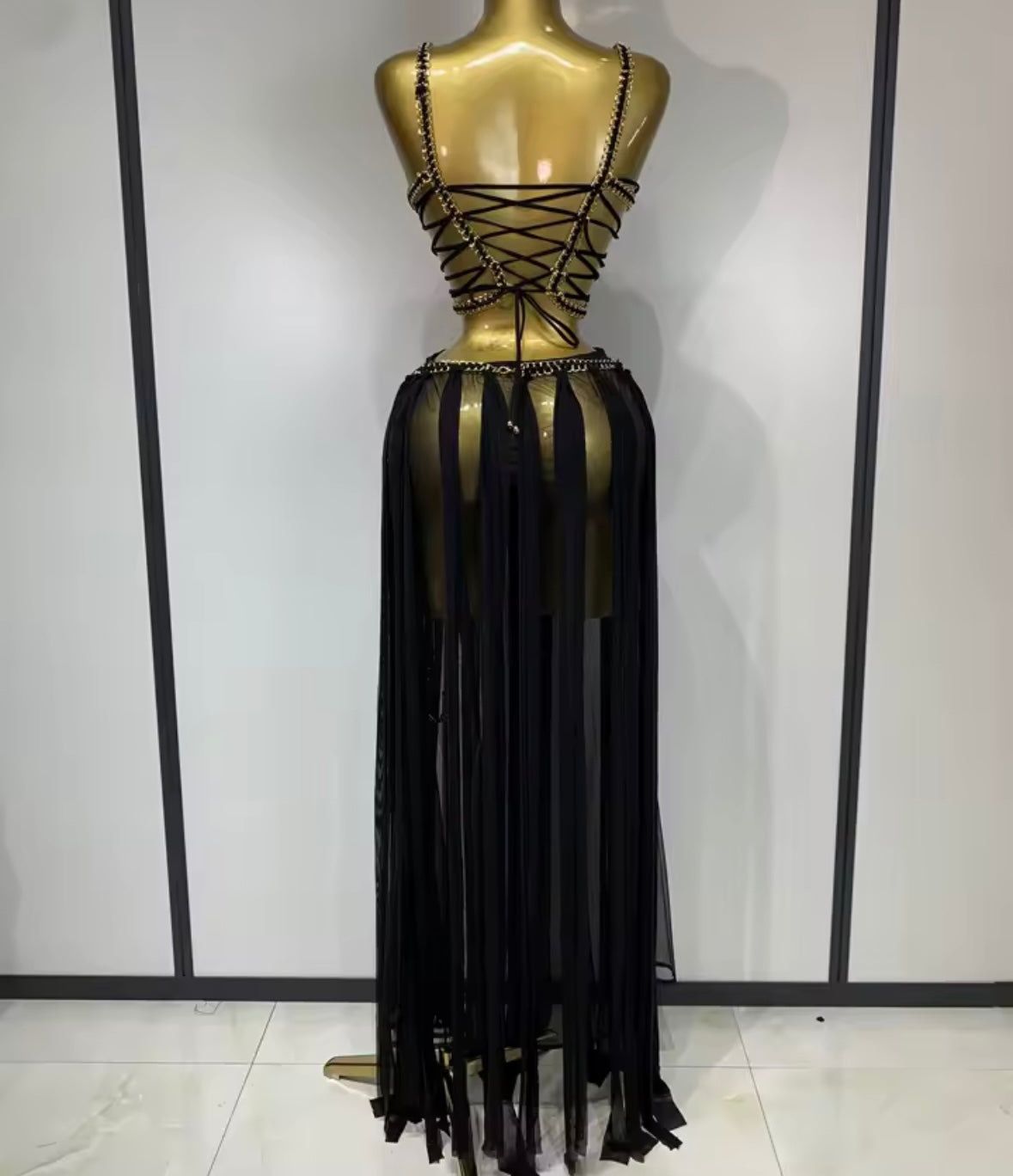Sexy Sleeveless Chain Lace Up See Through Maxi Dress