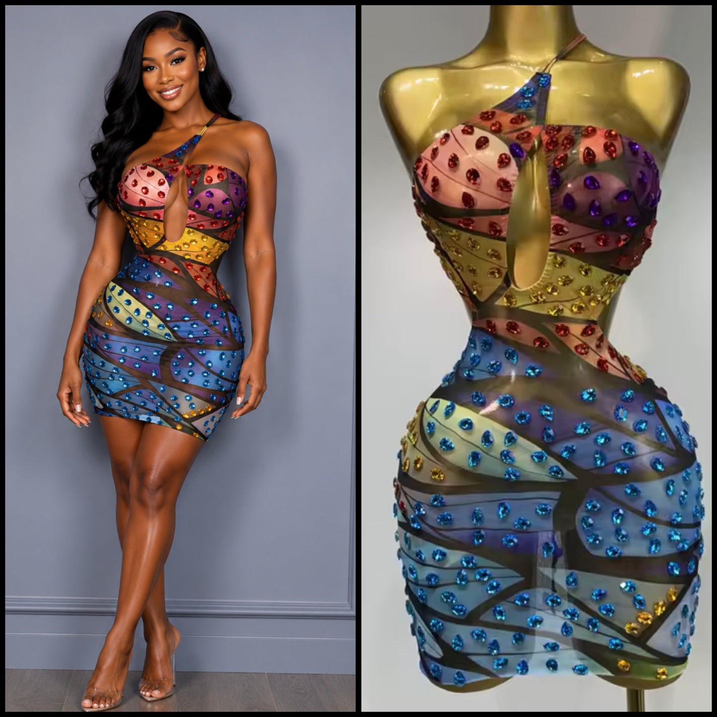 Sexy One Shoulder Sleeveless Multicolored Rhinestone Dress