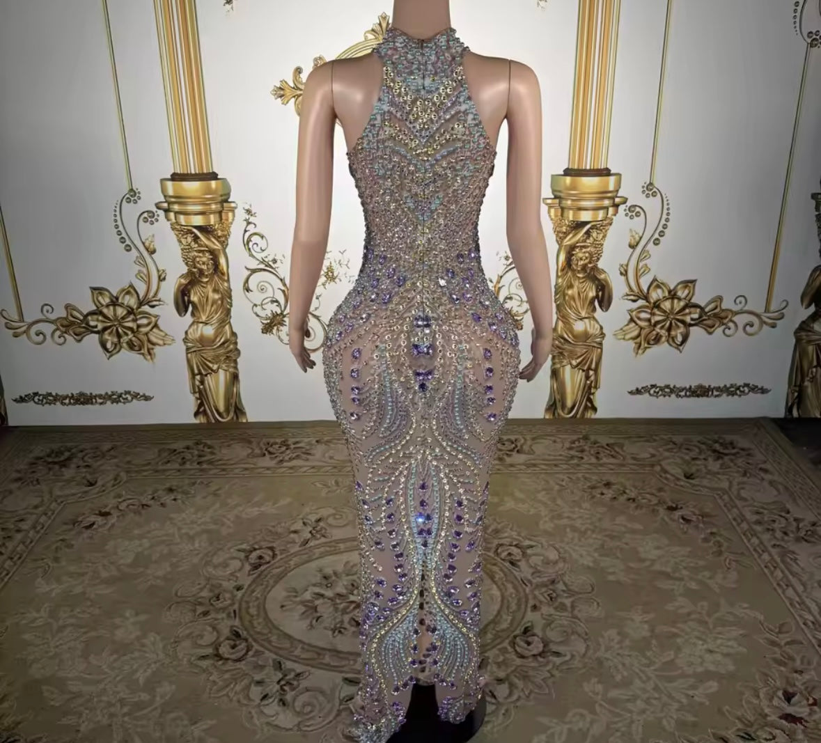 Elegant Beaded Rhinestone Sleeveless Floor-Length Dress